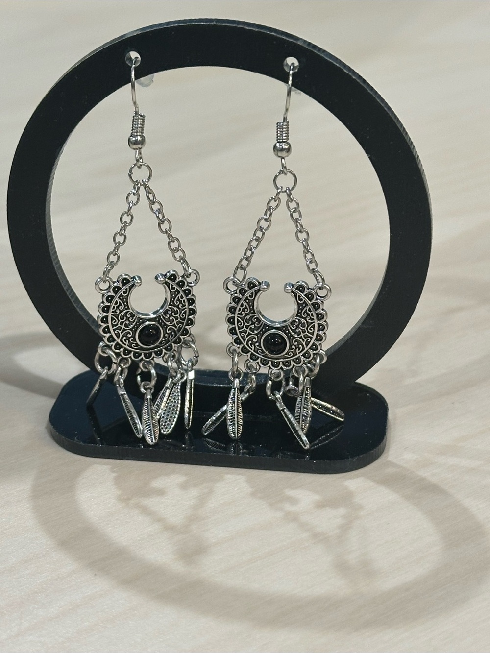 Bohemian Silver-Tone Crescent Feather Dangle Earrings with Faux Onyx Stone